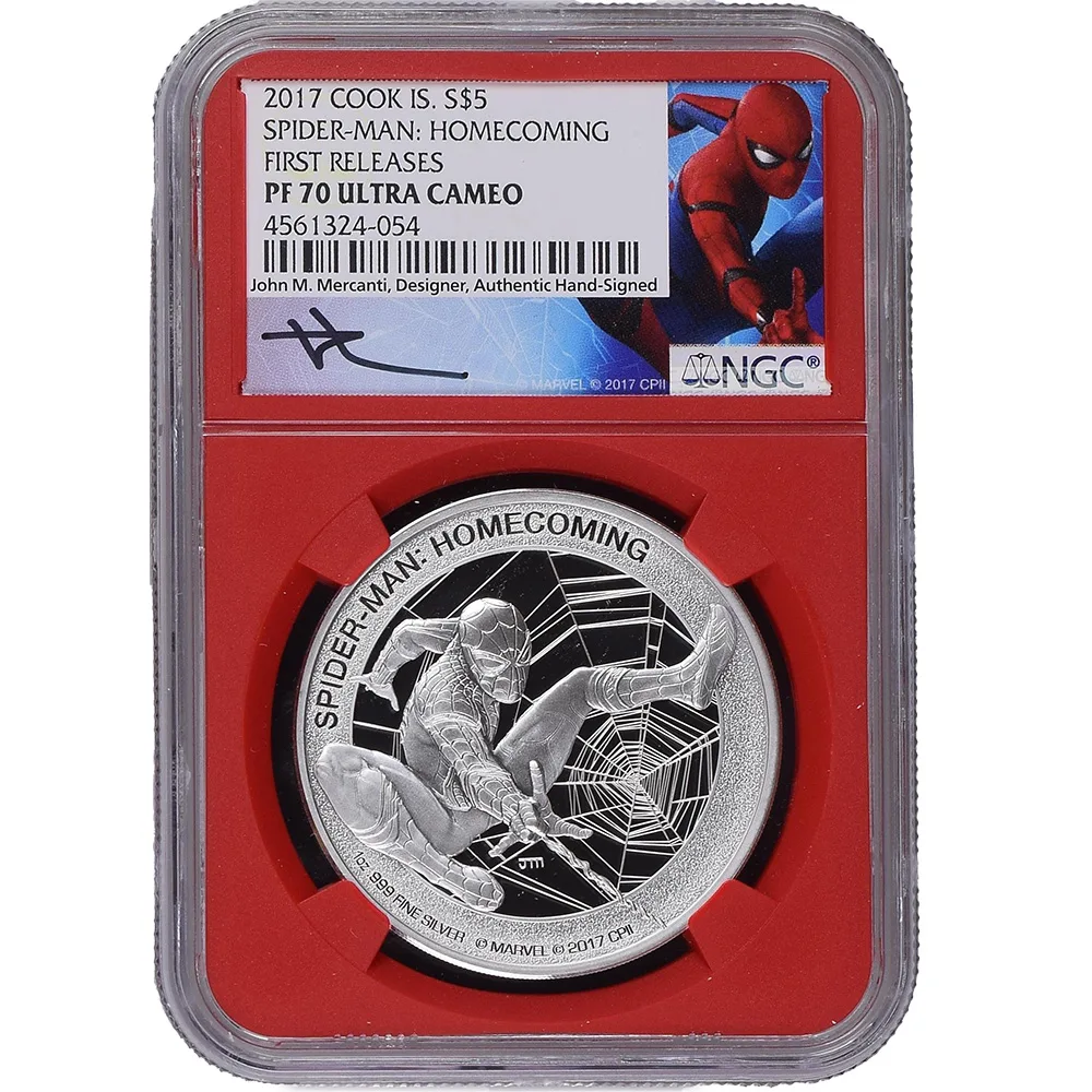2017 1 oz Silver Spiderman Cook Islands 5 Dollar NGC PF70UCAM Mercanti Signed