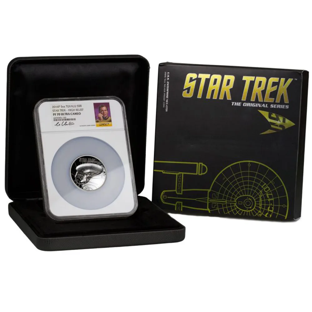 2016 5 oz Silver Proof High Relief U.S.S. ENTERPRISE Coin – STAR TREK NGC PF70 UC (William Shatner Signed Label)