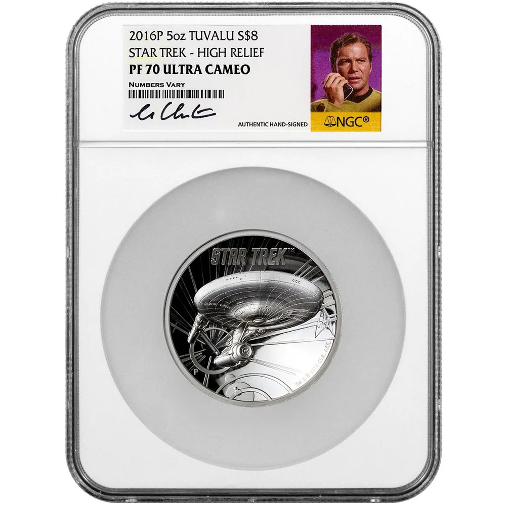 2016 5 oz Silver Proof High Relief U.S.S. ENTERPRISE Coin – STAR TREK NGC PF70 UC (William Shatner Signed Label)