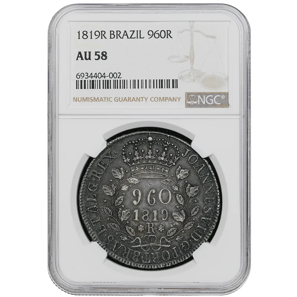 1819-R Brazil 960 Reis Struck Over 1811 Mexico 8 Reales NGC AU 58