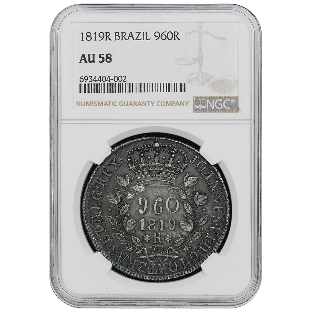 1819-R Brazil 960 Reis Struck Over 1811 Mexico 8 Reales NGC AU 58