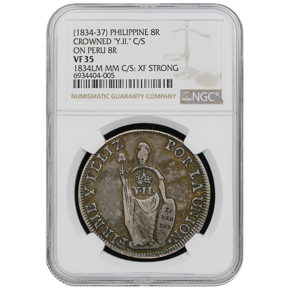 1834-37 Philippine 8 Reales Crowned Y.II. C/S On Peru 8 Reales