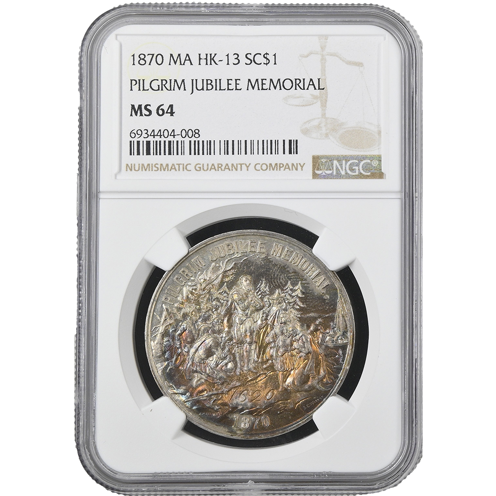 1870 MA HK-13 SC$1 Pilgrim Jubilee Memorial NGC MS 64