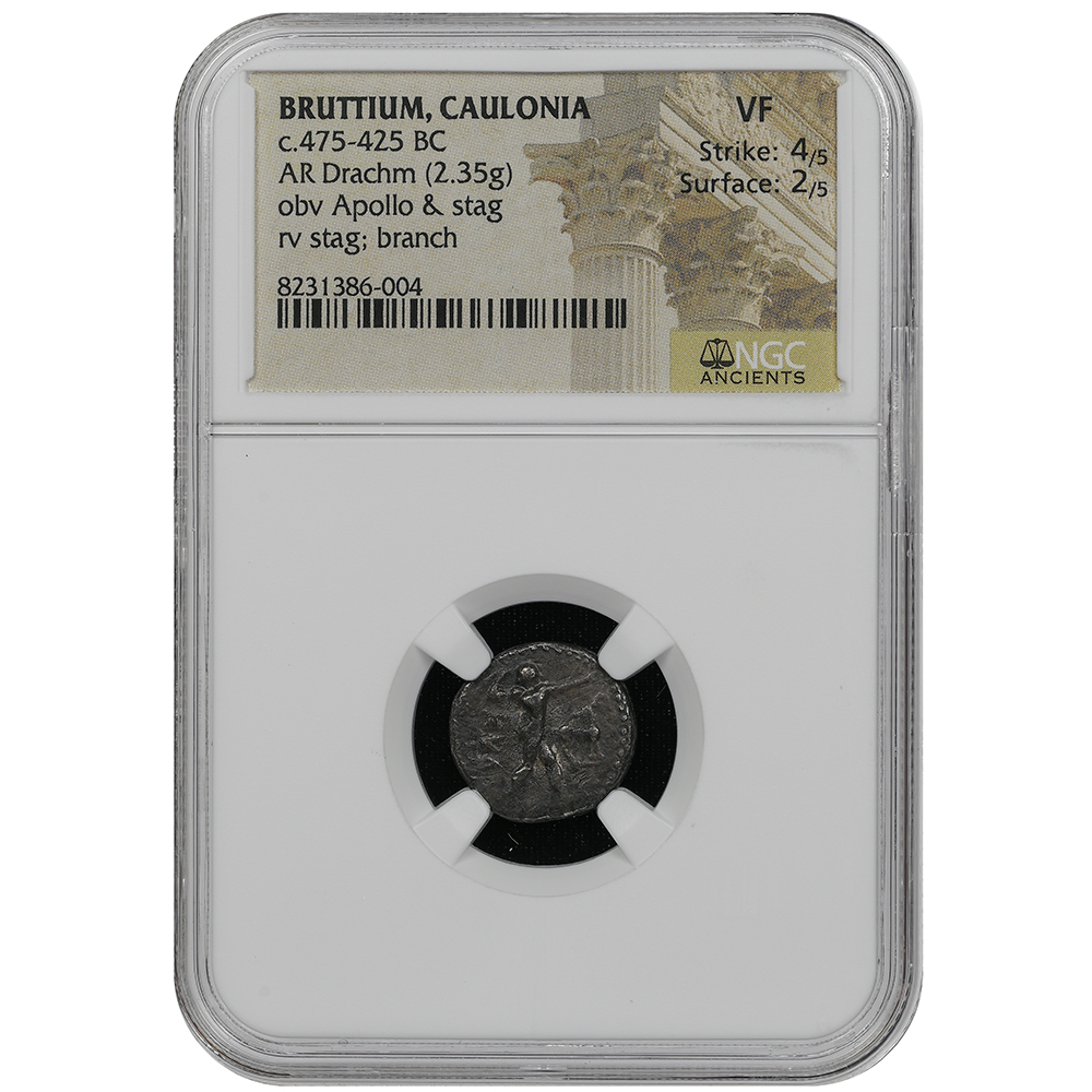 c.475-425 BC Bruttium Caulonia AR Drachm Apollo & Stag NGC VF Strike 4/5