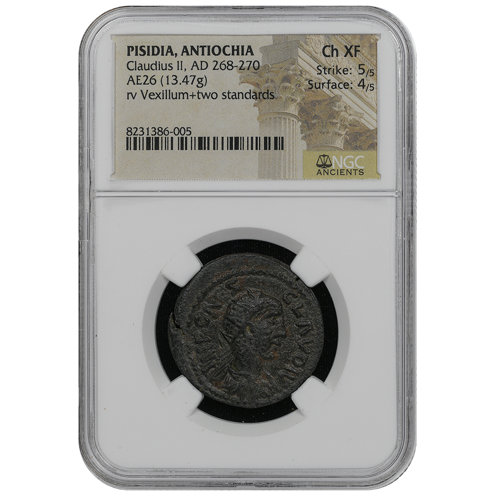 Pisidia Antiochia Claudius II AE 26 Rev Vexillum+Two Standards AD 268-270 NGC CH XF