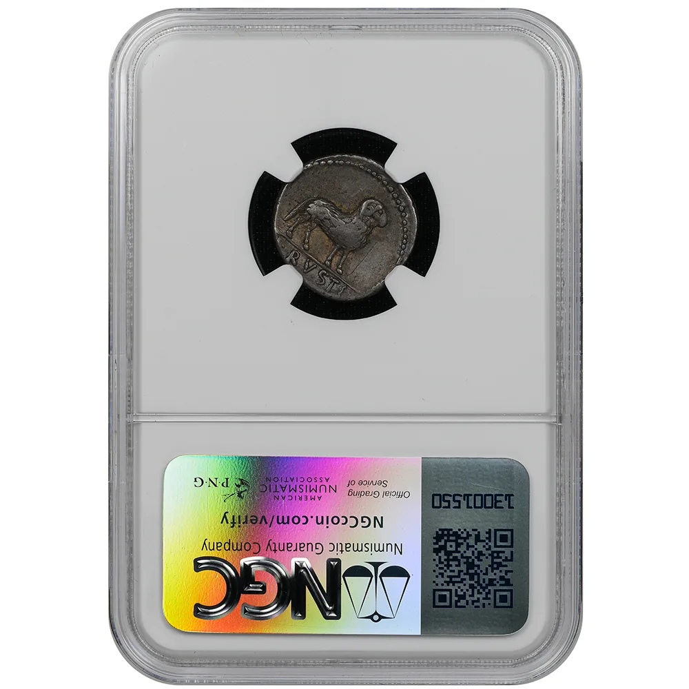Roman Republic L.Rustius c.76 or 74 BC AR Denarius Rv. Ram stg. NGC CH VF - Image 2