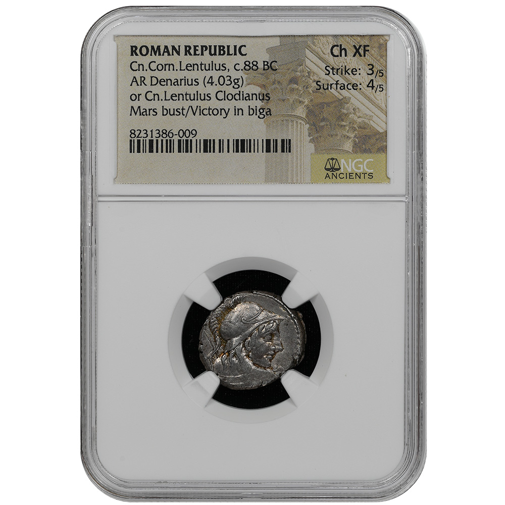 c.88 BC Roman Republic Mars Bust/Victory In Biga AR Denarius