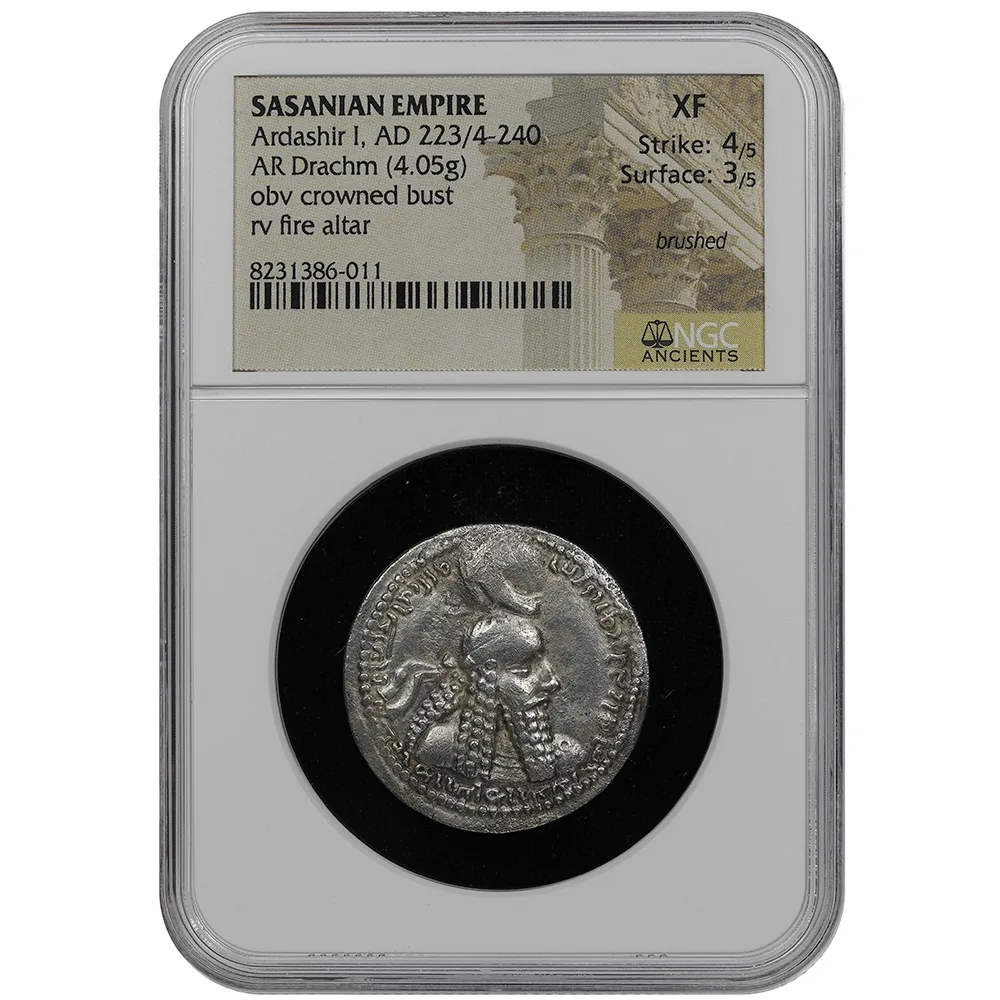 Ardashir I Sasanian Empire AR Drachm AD 223/4-240 Rev. Fire Altar NGC XF