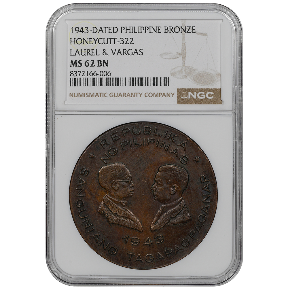 1943-Dated Philippine Bronze Honeycutt-322 Laurel & Vargas MS 62 BN
