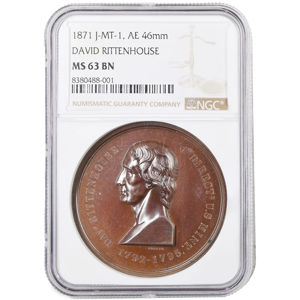 1871 David Rittenhouse Medal By William Barber Julian MT-1 Bronze NGC MS-63 BN