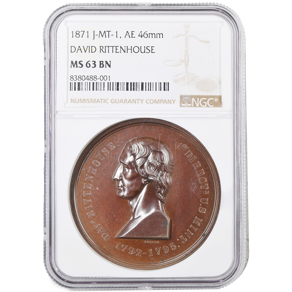 1871 David Rittenhouse Medal By William Barber Julian MT-1 Bronze NGC MS-63 BN
