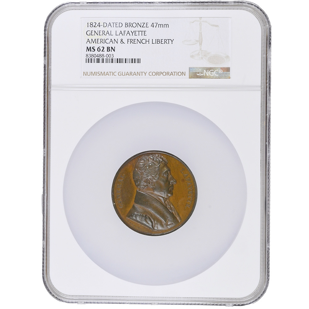 1824-Dated Bronze 47mm General Lafayette American & French Liberty NGC MS 62 BN