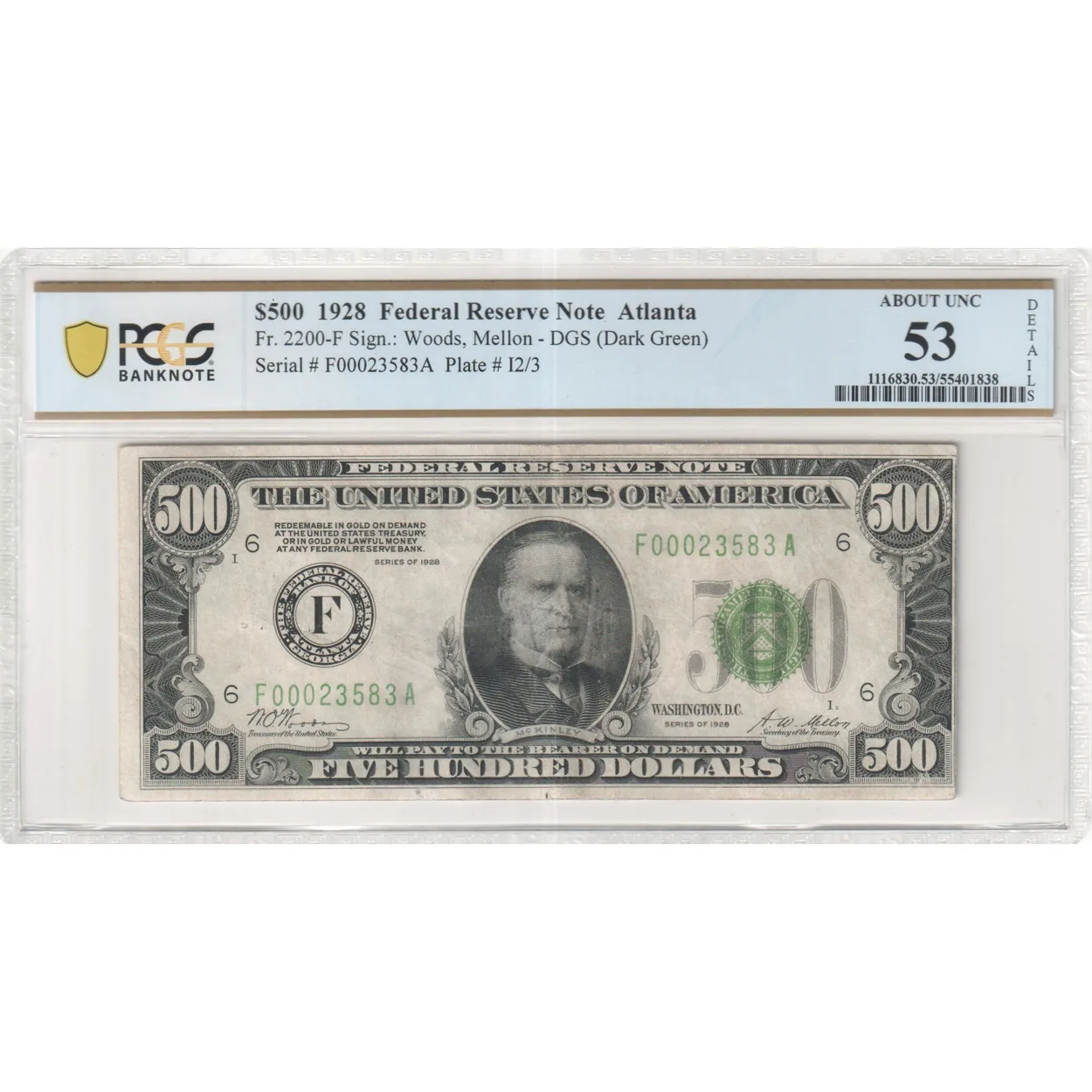 $500 1928 Federal Reserve Note Atlanta Woods, Mellon PMG About UNC 53 Details