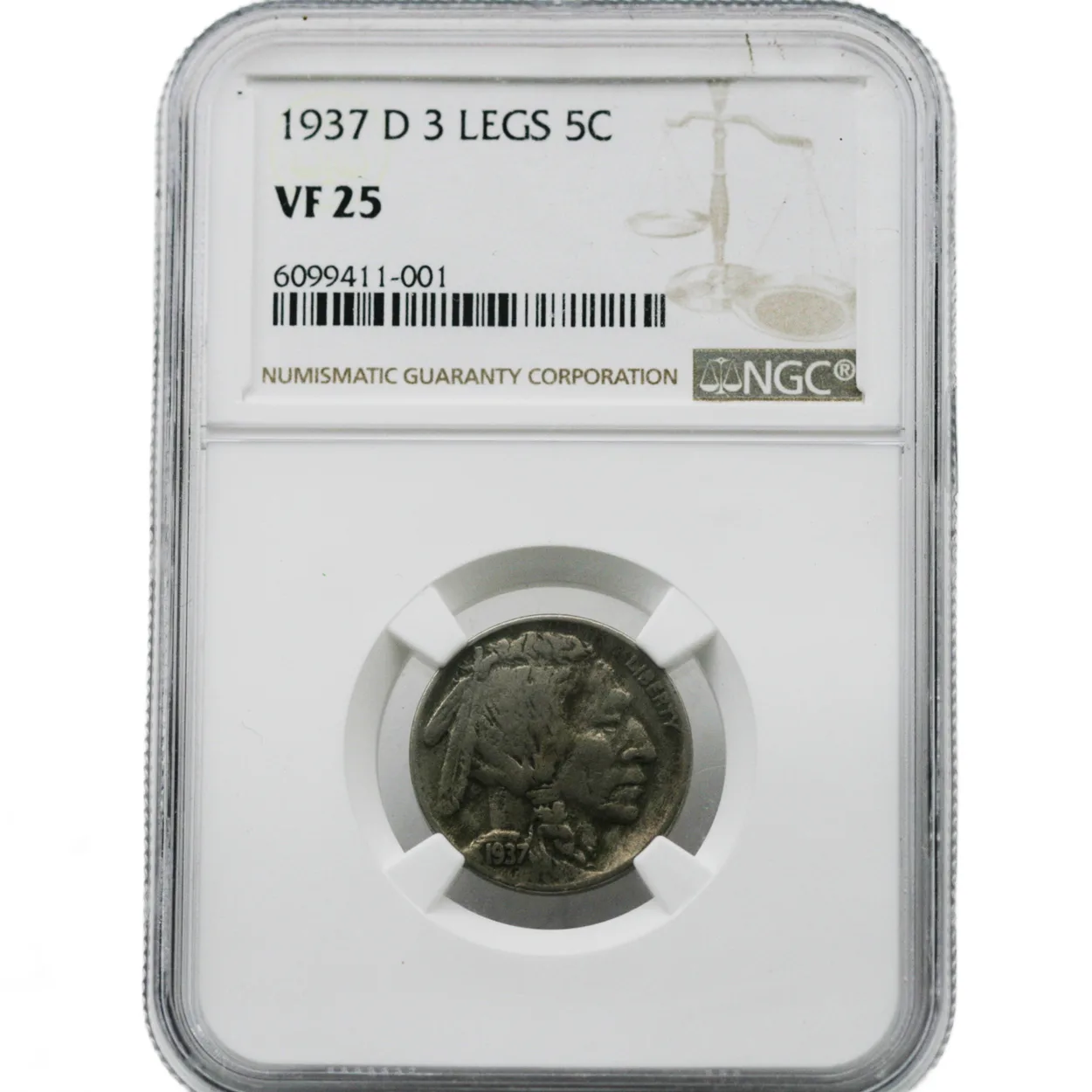 1937-D 5C Buffalo Nickel NGC VF25- 3 Legs