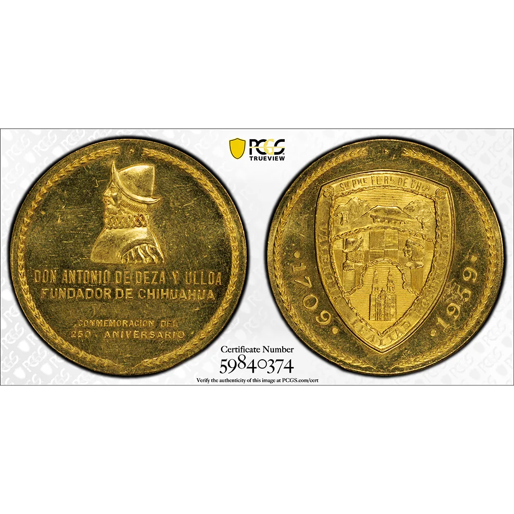 Republic gold "Chihuahua 250th Anniversary" Medallic 50 Pesos 1959 PCGS MS 63