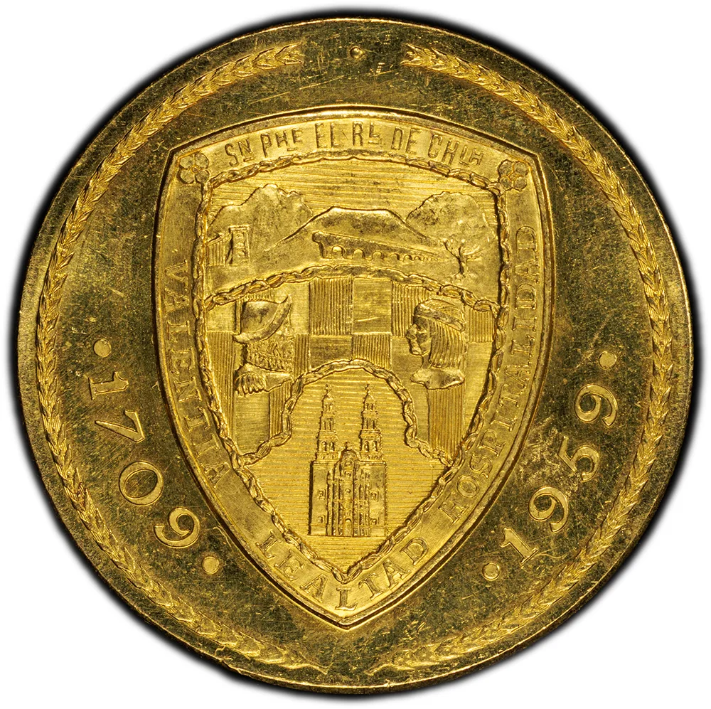 Republic gold "Chihuahua 250th Anniversary" Medallic 50 Pesos 1959 PCGS MS 63