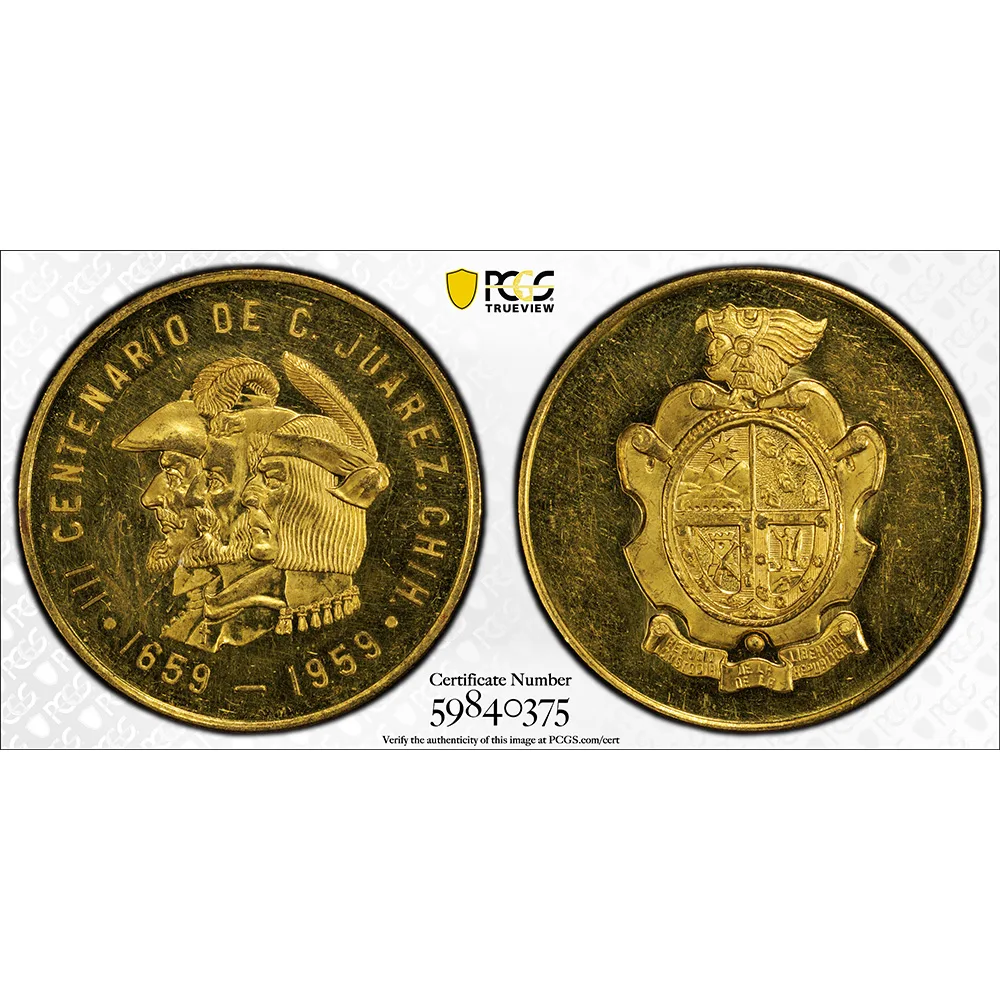 Republic gold "Juarez Centennary" Medallic 50 Pesos 1959 PCGS MS 62