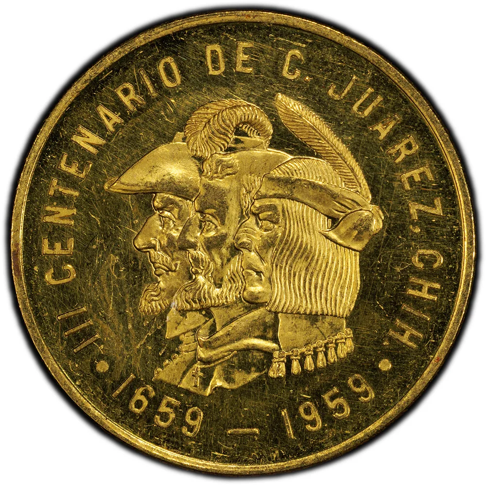 Republic gold "Juarez Centennary" Medallic 50 Pesos 1959 PCGS MS 62