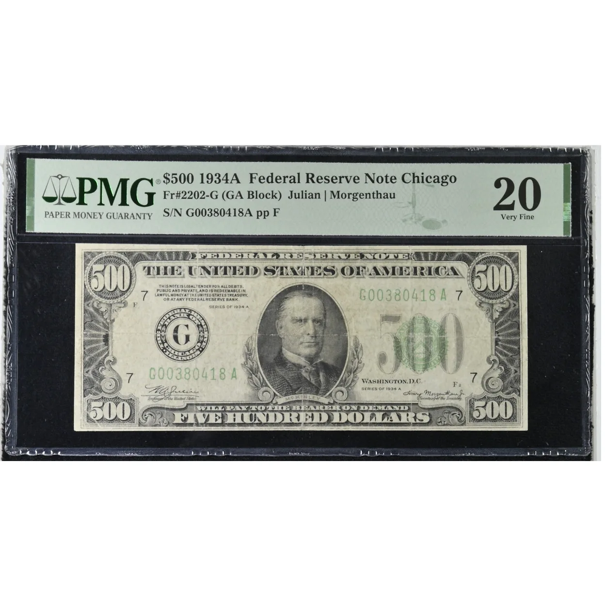 $500 1934A Federal Reserve Note Chicago GA Block- Julian Morgenthau PMG VF20