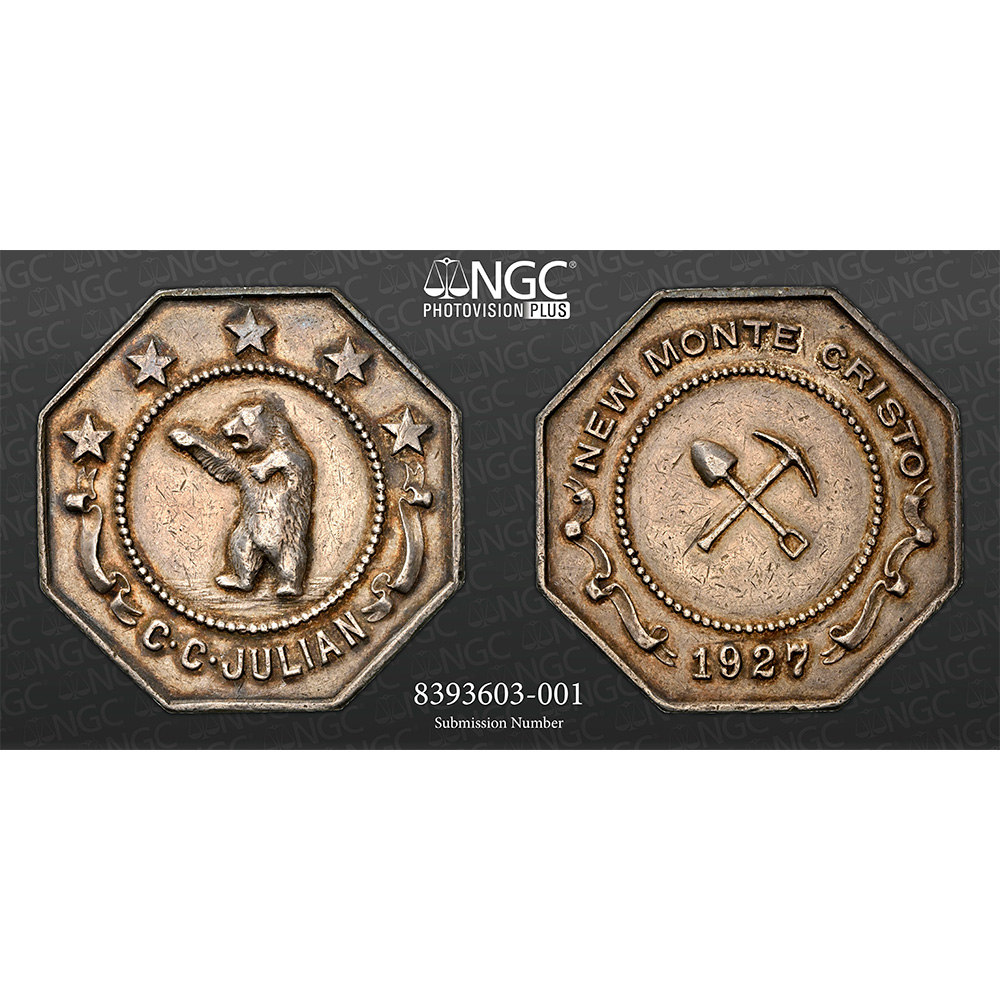 1927-Dated Silver J-927 C.C. Julian New Monte Cristo Slug NGC AU 50