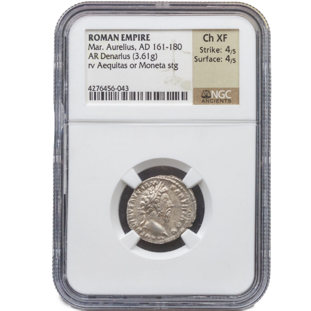 Roman Empire Marcus Aurelius AR Denarius Aequitas AD 161-180 NGC CH XF