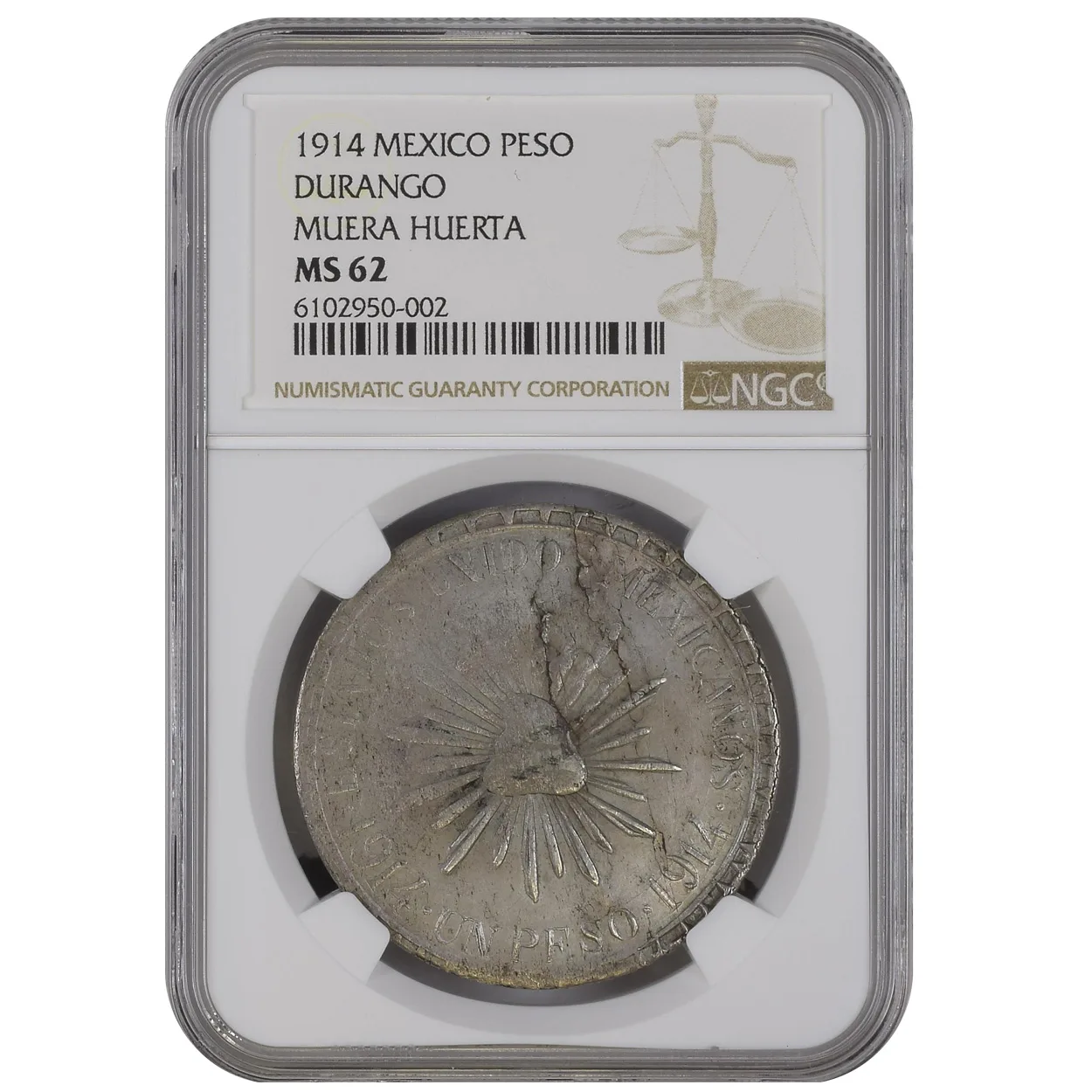 1914 Mexico Peso Muera Huerta Durango NGC MS62