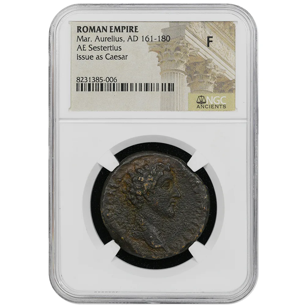 Roman Empire Marcus Aurelius as Caesar 139-161 AE Sestertius Rome mint, 145 Wedding of Marcus Aurelius and Faustina Junior NGC F