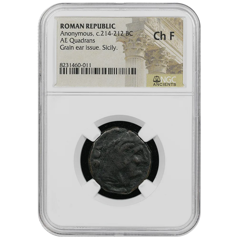 Roman Republic Anonymous AE Quadrans Rev. Bull 214-212 BC NGC Ch F