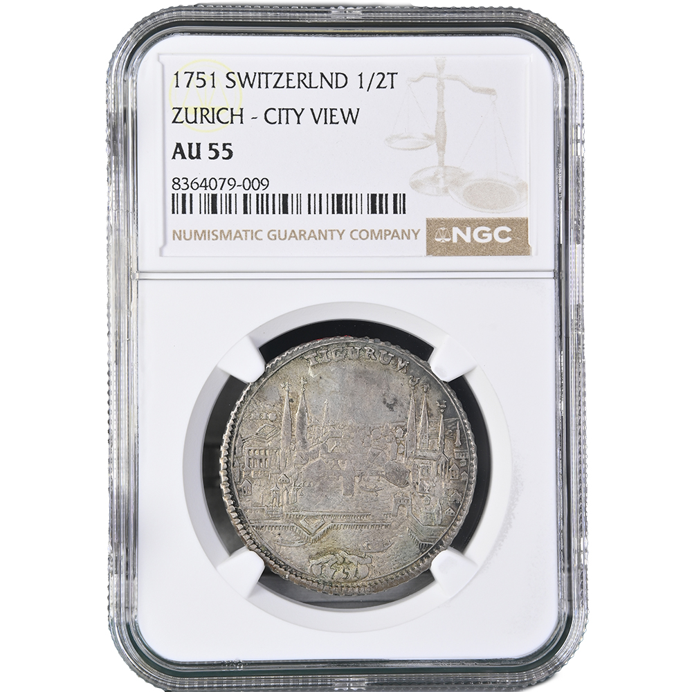 1751 Swiss Cantons ZURICH 1/2 Thaler Silver Coin City View of Zurich NGC AU 55