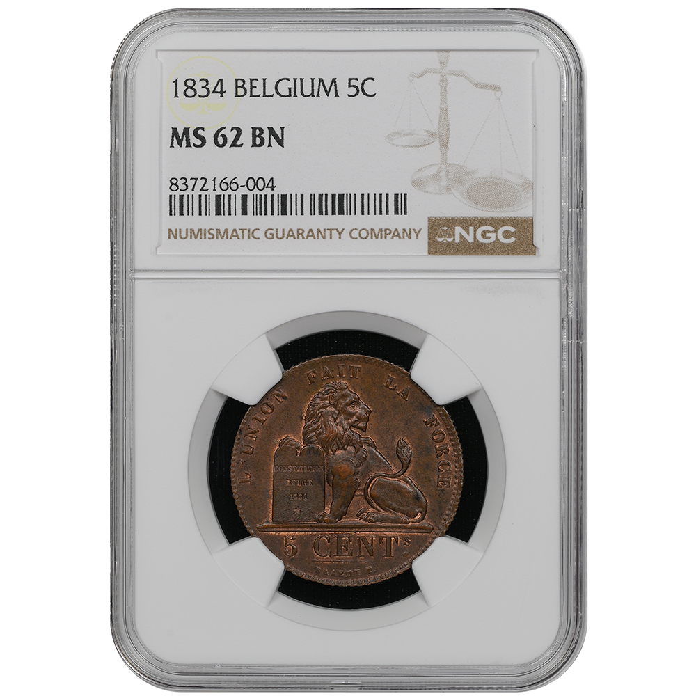 1834 Belgium 5 Centimes NGC MS 62 BN
