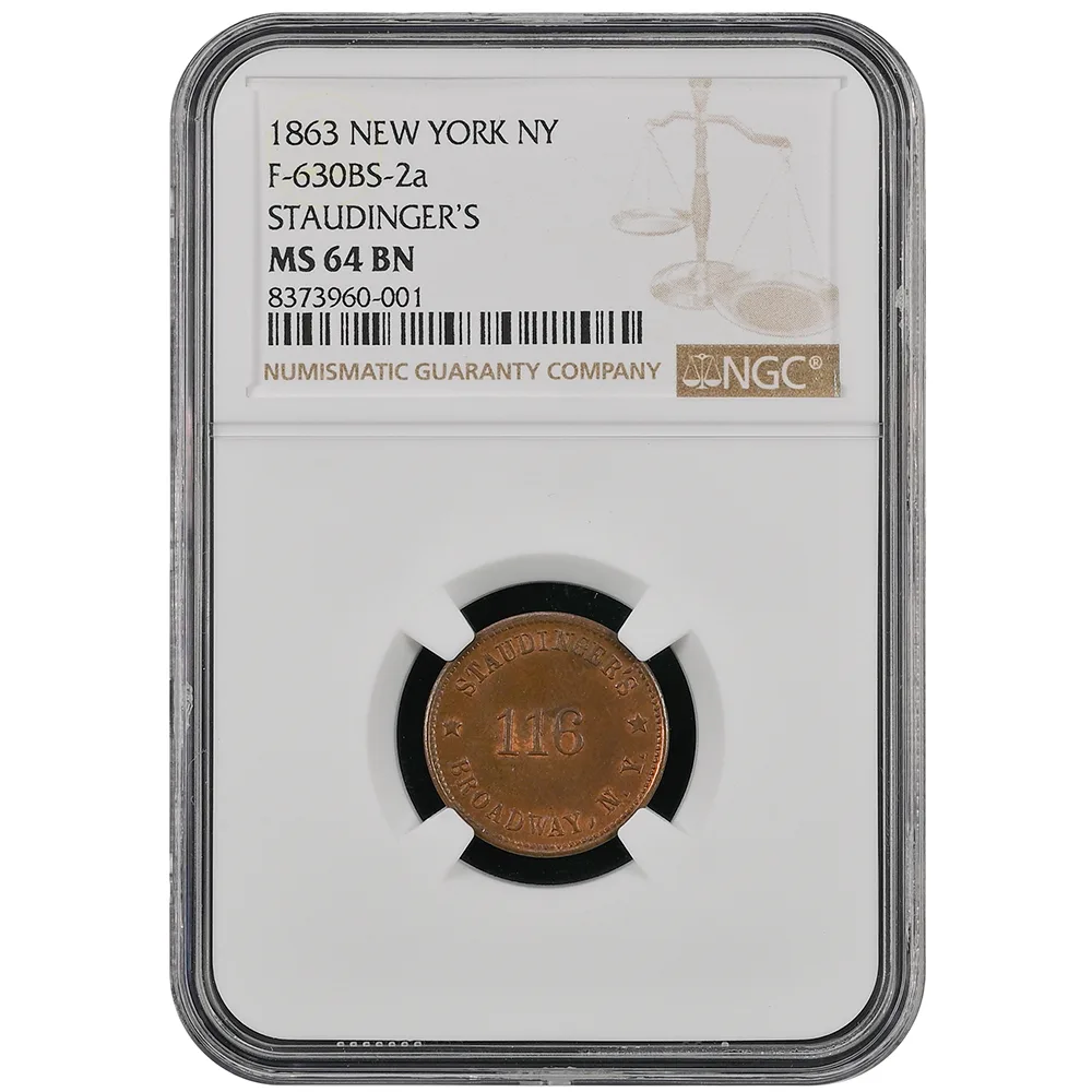 1863 Token F-630BS-2a Staudinger's NY NGC MS 64 BN