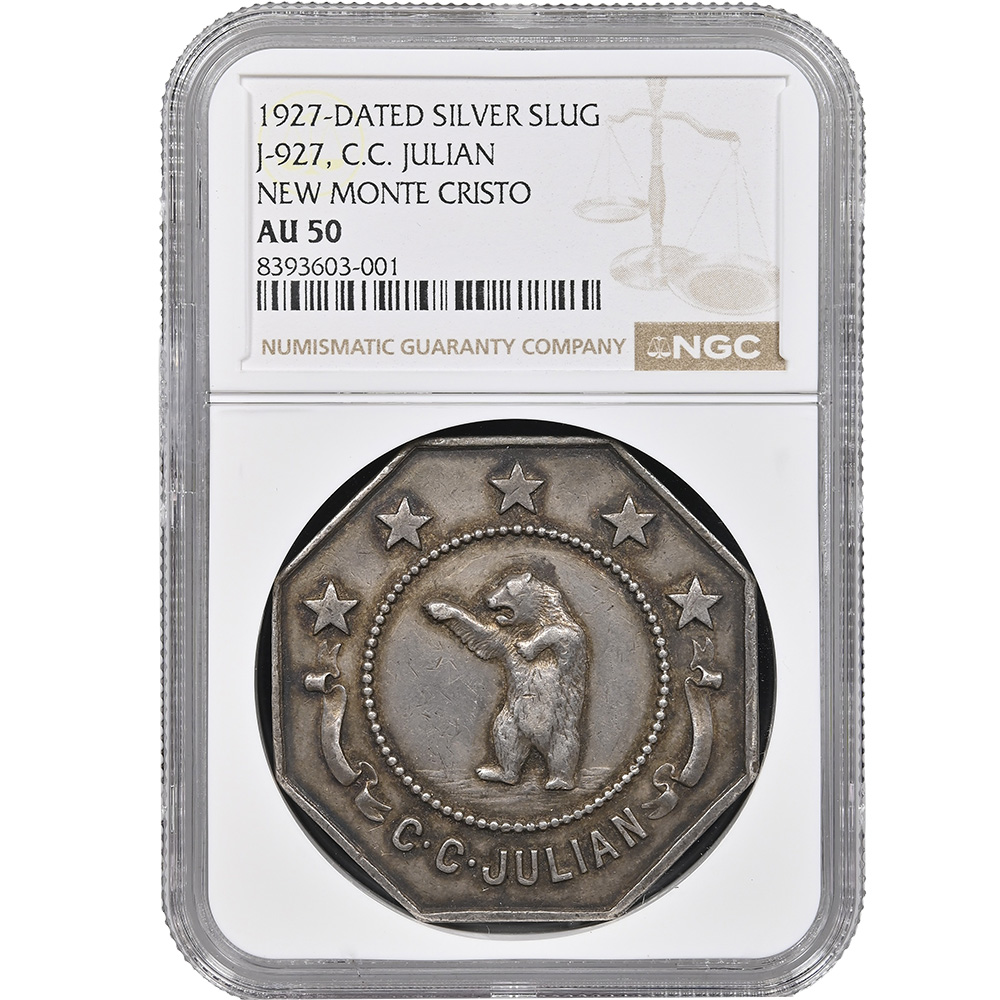 1927-Dated Silver J-927 C.C. Julian New Monte Cristo Slug NGC AU 50
