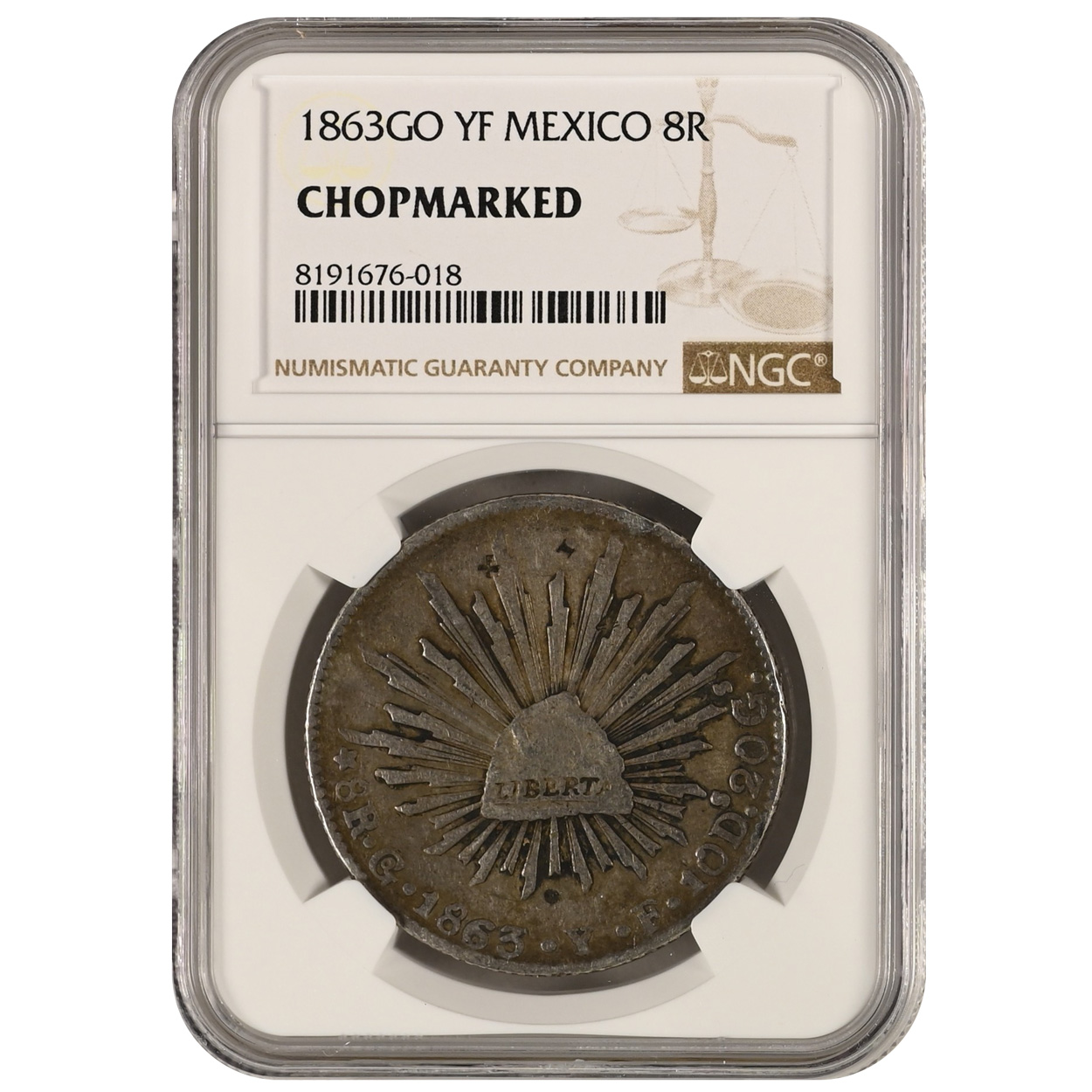 1863-GO|YF Mexico 8 Reales Chopmarked NGC