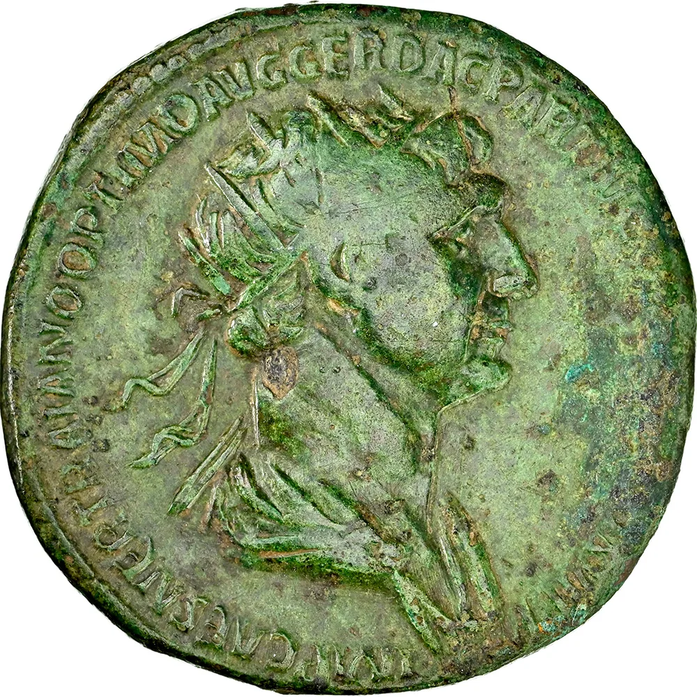 Roman Empire Trajan AD 98-117 AE Dupondius RV Emperor Between Trophies NGC CH VF