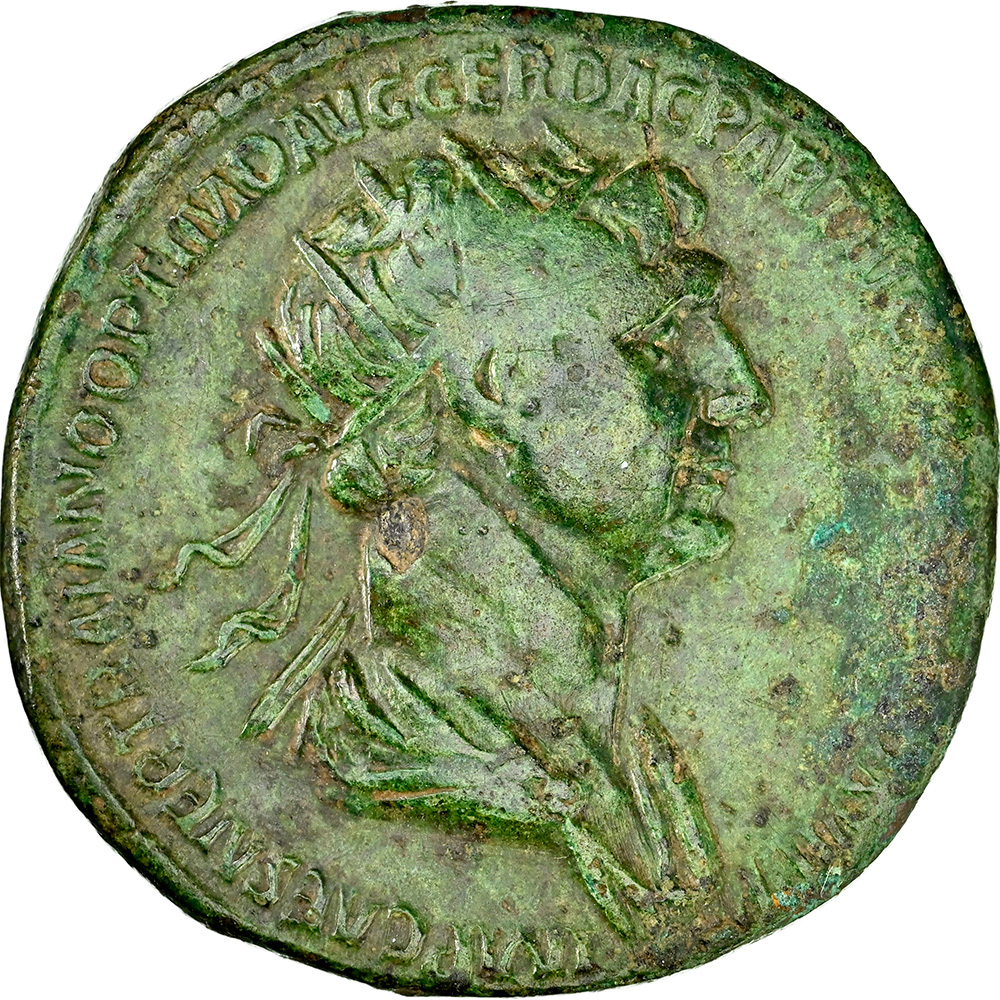 Roman Empire Trajan AD 98-117 AE Dupondius RV Emperor Between Trophies NGC CH VF