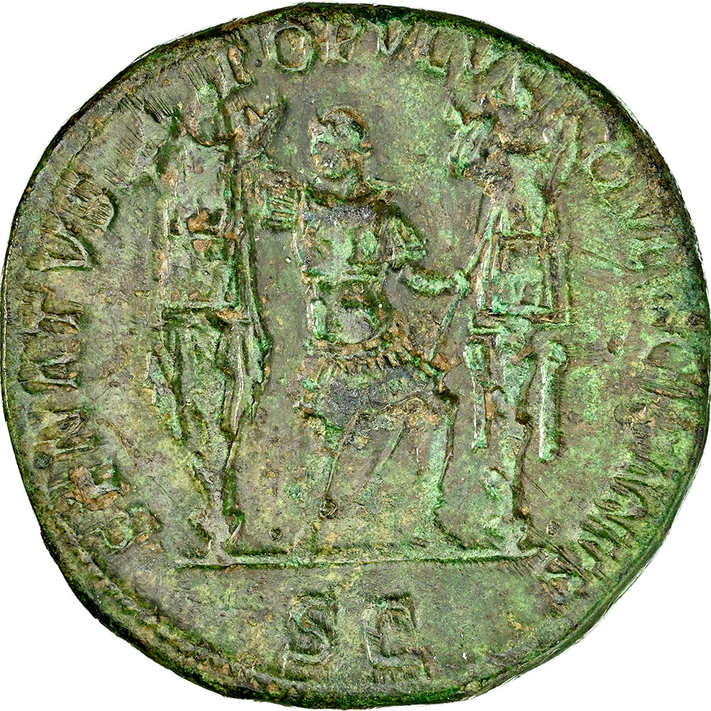 Roman Empire Trajan AD 98-117 AE Dupondius RV Emperor Between Trophies NGC CH VF