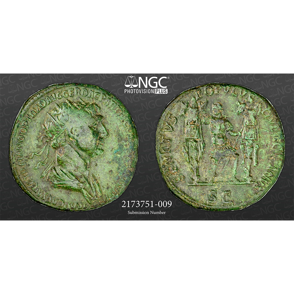 Roman Empire Trajan AD 98-117 AE Dupondius RV Emperor Between Trophies NGC CH VF