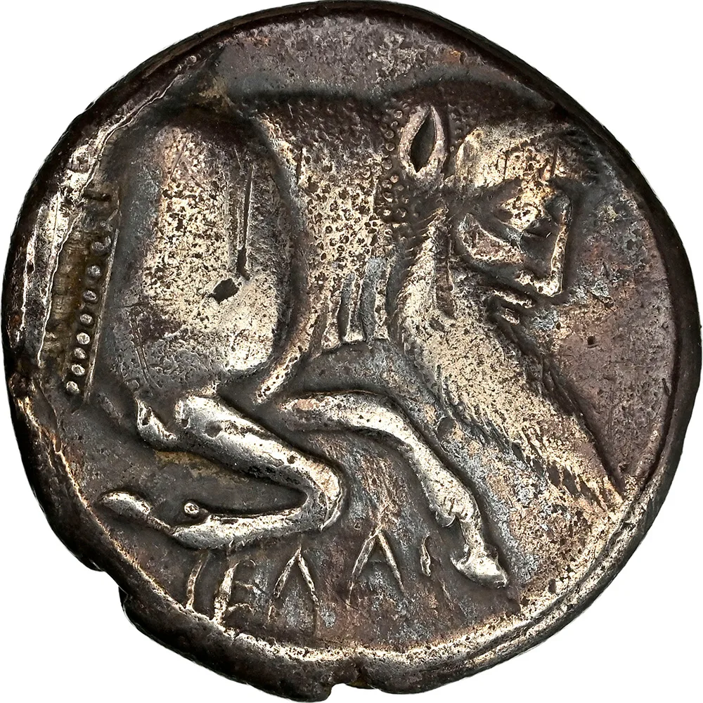490-475 BC SICILY GELA AR Didrachm Man-headed Bull/Warrior on Horseback NGC VF