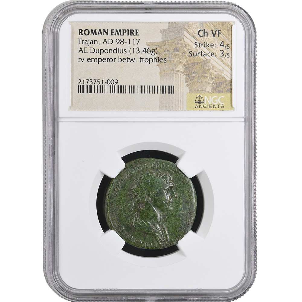 Roman Empire Trajan AD 98-117 AE Dupondius RV Emperor Between Trophies NGC CH VF
