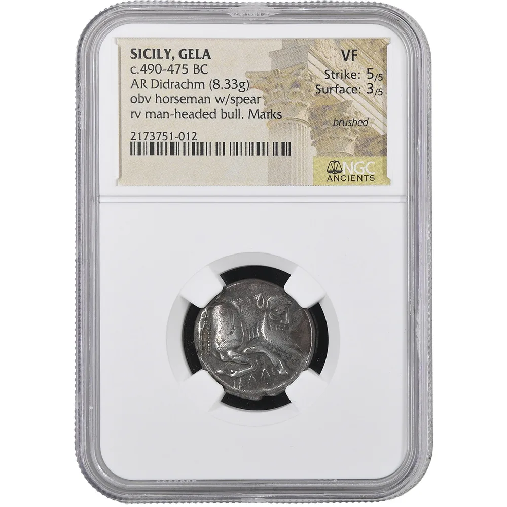 490-475 BC SICILY GELA AR Didrachm Man-headed Bull/Warrior on Horseback NGC VF