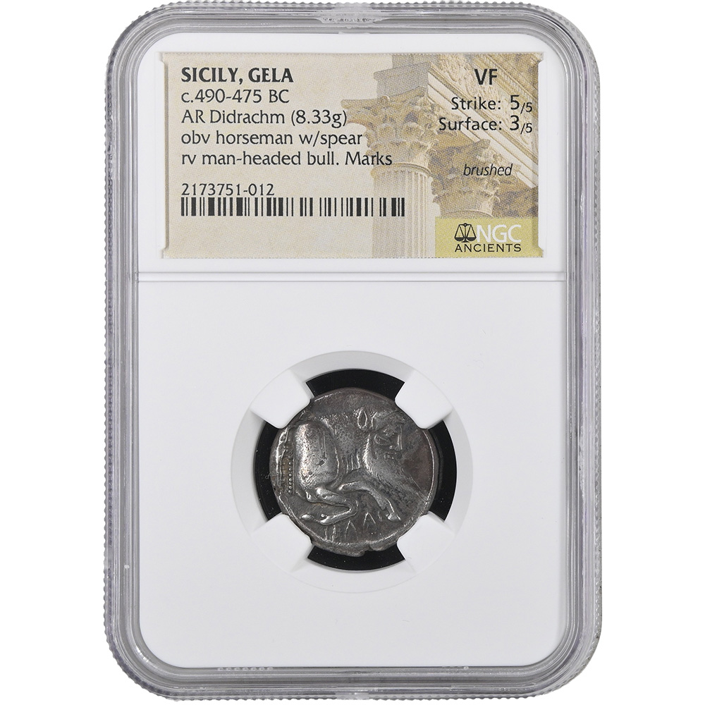 490-475 BC SICILY GELA AR Didrachm Man-headed Bull/Warrior on Horseback NGC VF