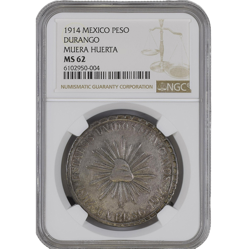 1914 Mexico Peso Muera Huerta Durango NGC MS62