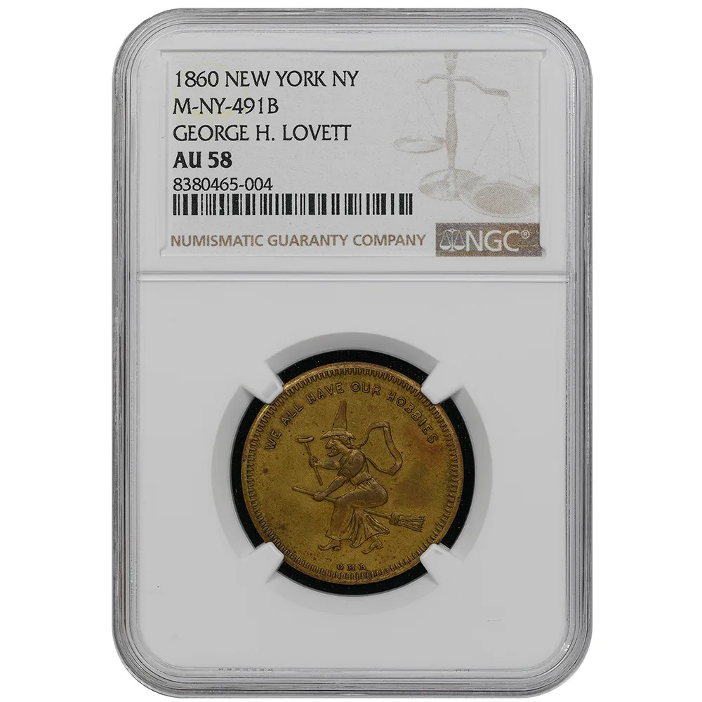1860 Witch On Broomstick Our Hobbies George Lovett NY-491B Brass NGC AU 58
