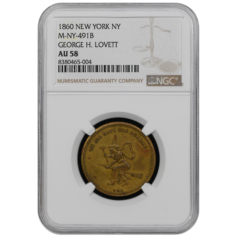 1860 Witch On Broomstick Our Hobbies George Lovett NY-491B Brass NGC AU 58