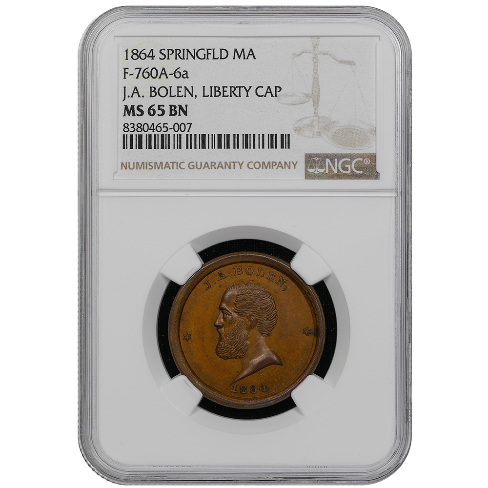 1864 John Adams Bolen Liberty Cap Fuld-760A-6a Springfield, MA NGC MS 65 BN