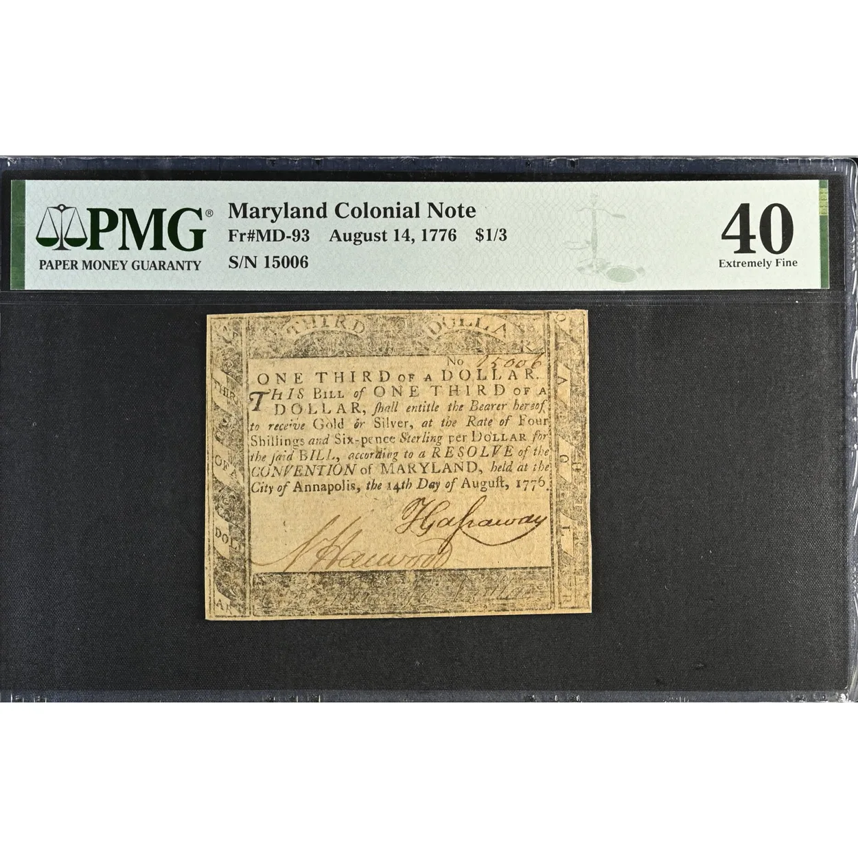 1776 $1/3 Maryland Colonial Note PMG EX Fine 40