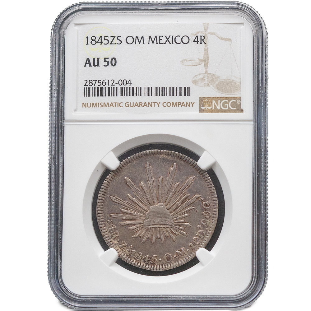 1845 ZS OM Mexico 4 Reales Cap & Rays Mexico City Mint NGC AU50