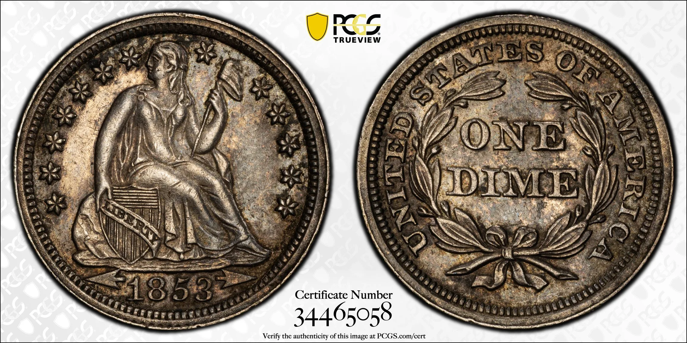 1853 10C Seated Liberty Dime PCGS MS62 Arrows- Trader Bea Label - Image 2