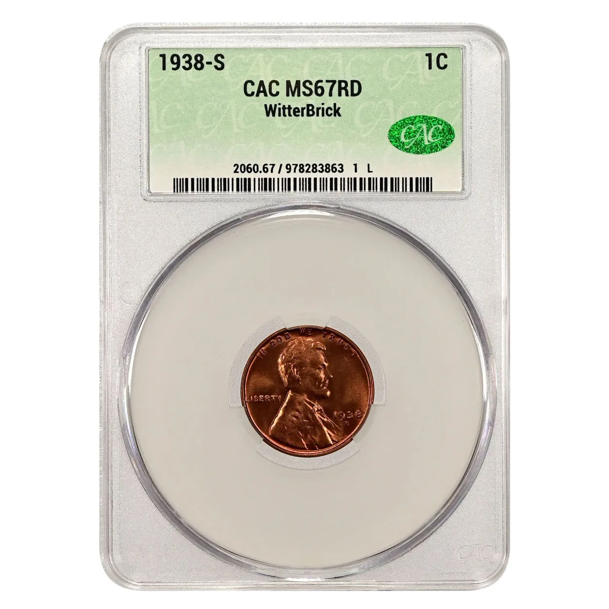 1938-S 1C Lincoln Cent CAC MS67RD