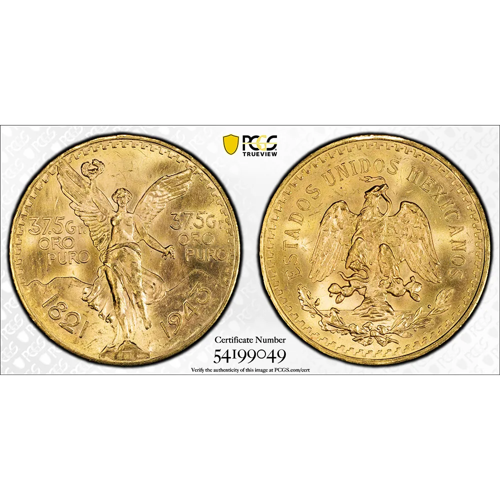 1943 50 Pesos Gold Centenario PCGS MS 65